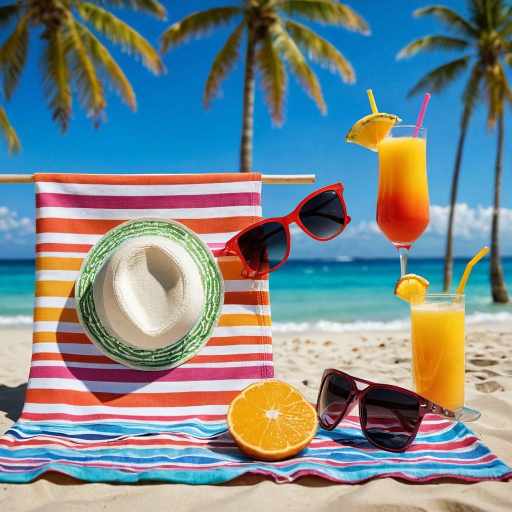 A sun-kissed beach scene featuring vibrant and stylish swimwear laid out on a colorful beach towel, alongside chic sunglasses, sunscreen, and a tropical drink. In the background, gentle waves lap at the shore, and palm trees sway in the breeze, inviting relaxation. Warm, inviting colors dominate the scene, evoking a sense of summer bliss. minimalist style. vibrant colors. 3D.